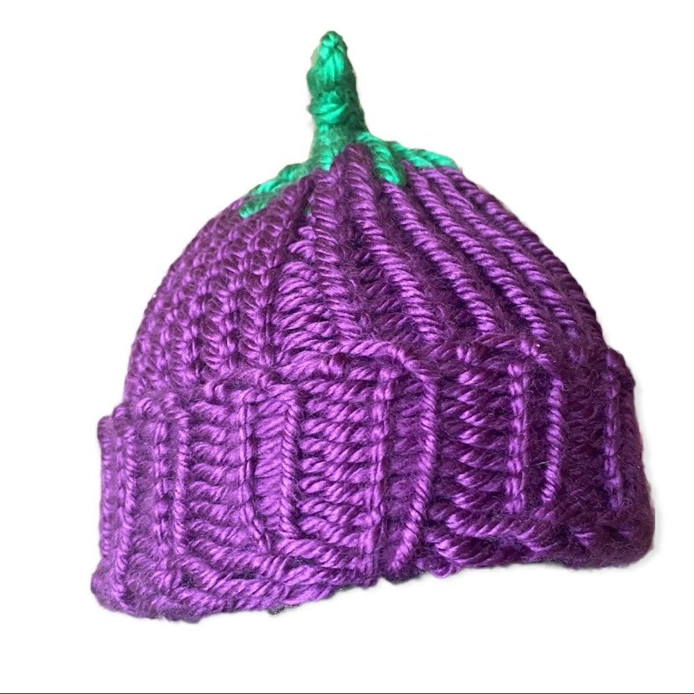 Handmade Knit Kids Eggplant Hat - Picture 2 of 2